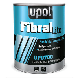 U-POL 0700 fiberglass filler front packaging showing kit and capacity benefit