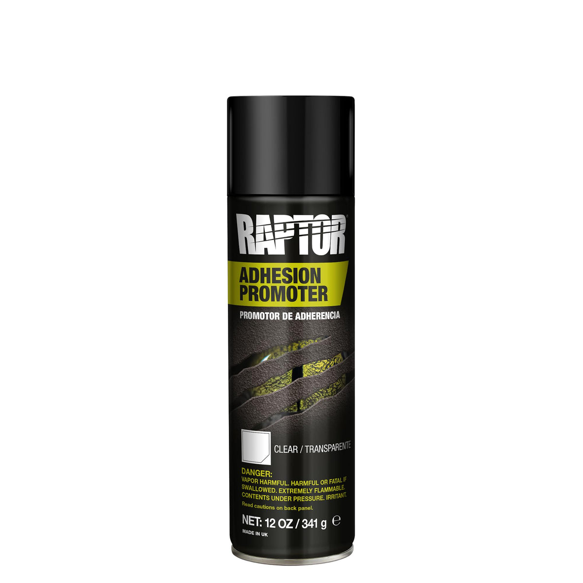 U-POL Raptor adhesion promoter aerosol front view showing label and 12 oz can benefits