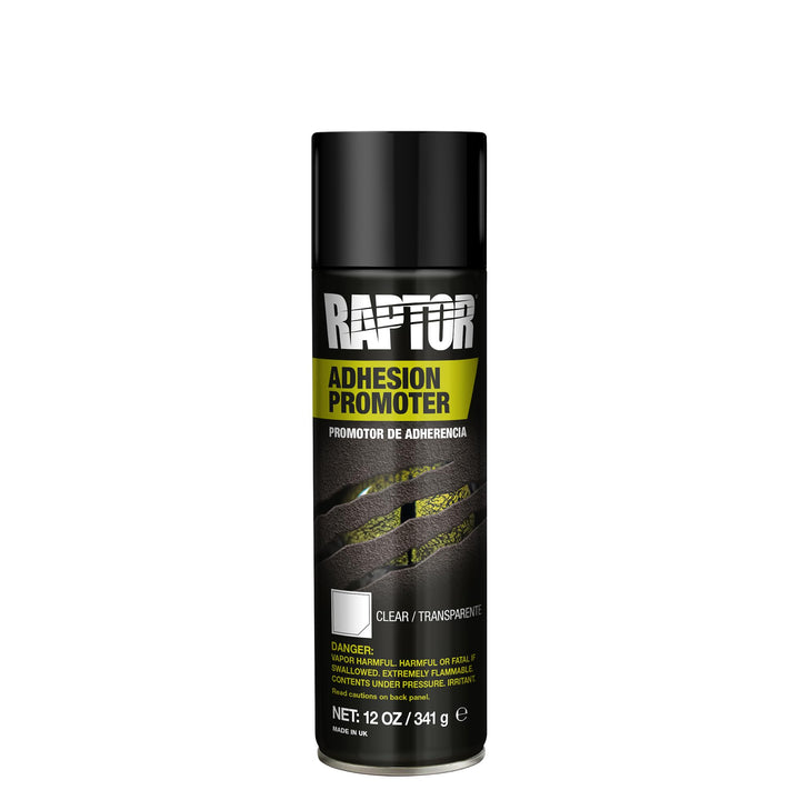 U-POL Raptor adhesion promoter aerosol front view showing label and 12 oz can benefits