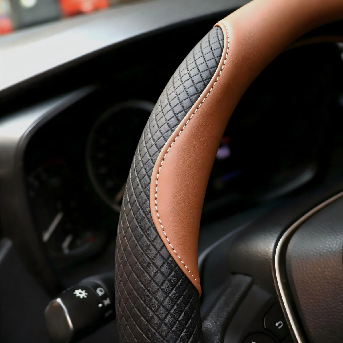 U So Shiny installed on steering wheel demonstrating snug universal fit