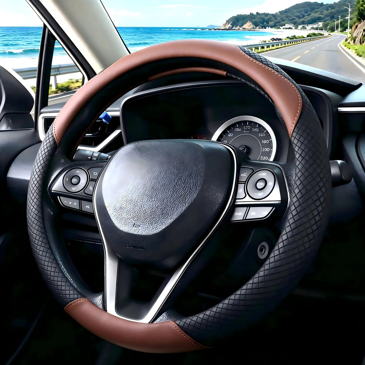 U So Shiny interior driving shot showing comfortable, stylish steering