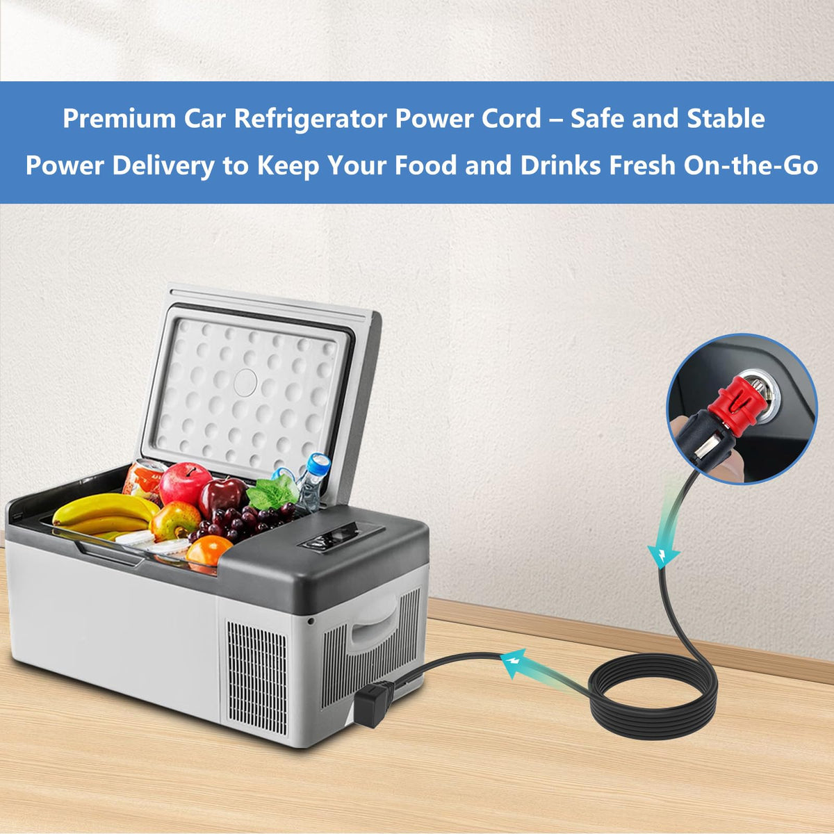 UAUSE power cord connected to car fridge inside a vehicle for convenience