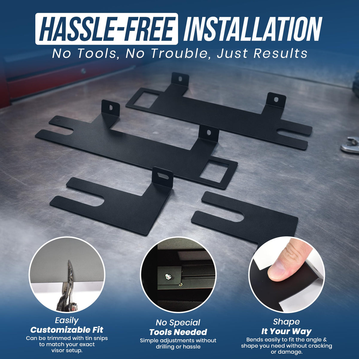UBL visor bracket held in hand showing scale and simple portability