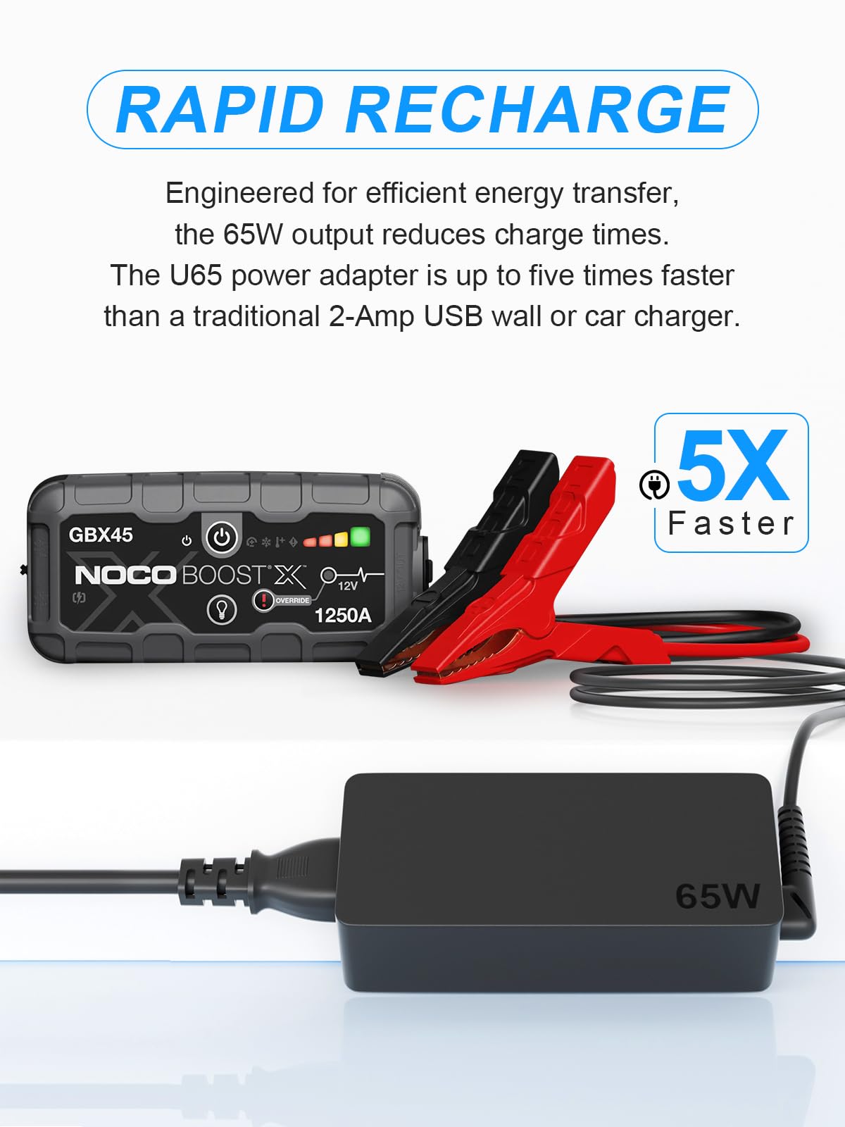 UCANUUP charger connected to NOCO BOOST X illustrating safe fast recharge