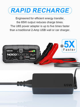 UCANUUP charger connected to NOCO BOOST X illustrating safe fast recharge