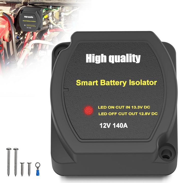 UCkasayfy front view of 12V 140A relay showing compact housing and clear labeling, ensures reliable charging