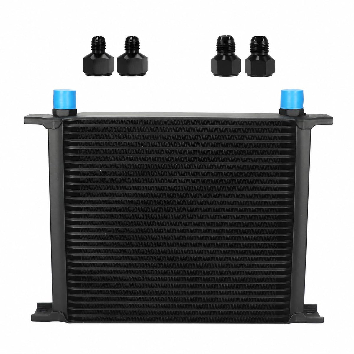Ucreative front view stacked plate oil cooler showing compact profile and mounting points