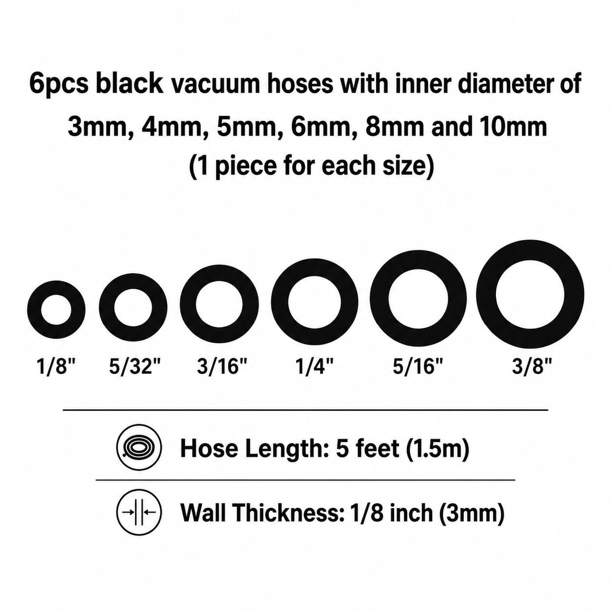 Ucreative hoses fanned out to show 3mm–10mm diameters for size matching