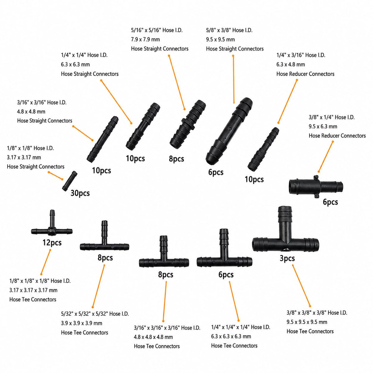 Ucreative hoses lined up by size illustrating 3mm to 10mm diameter options for versatility
