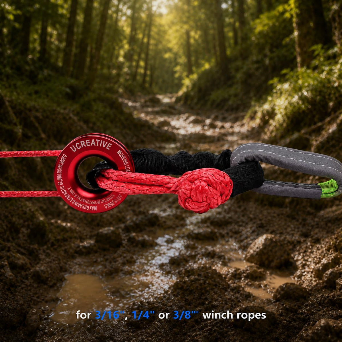 Ucreative UHMWPE soft shackle close-up highlighting durable low-weight benefit