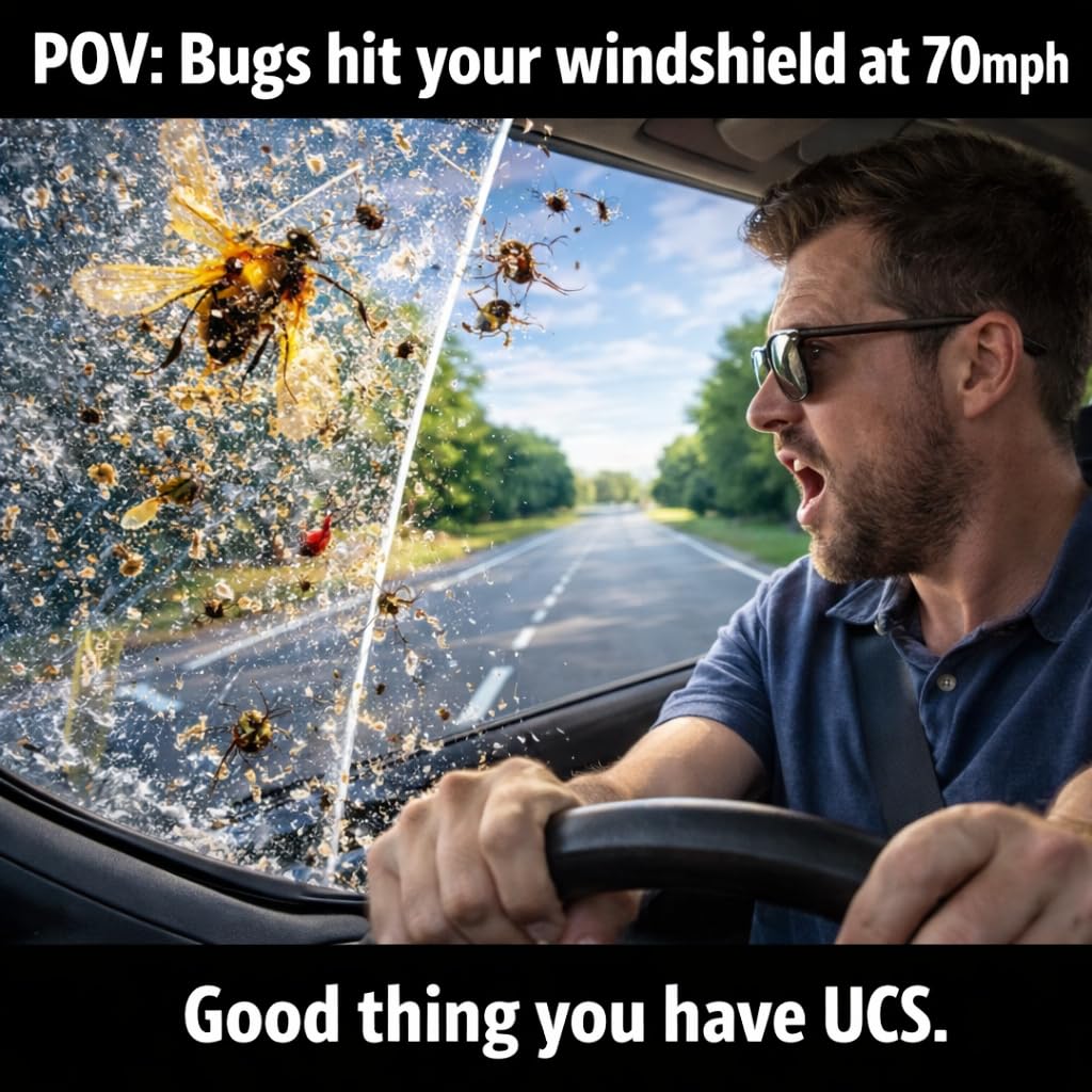 UCS bottle placed on car hood in lifestyle scene showing on-road readiness
