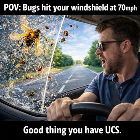 UCS bottle placed on car hood in lifestyle scene showing on-road readiness