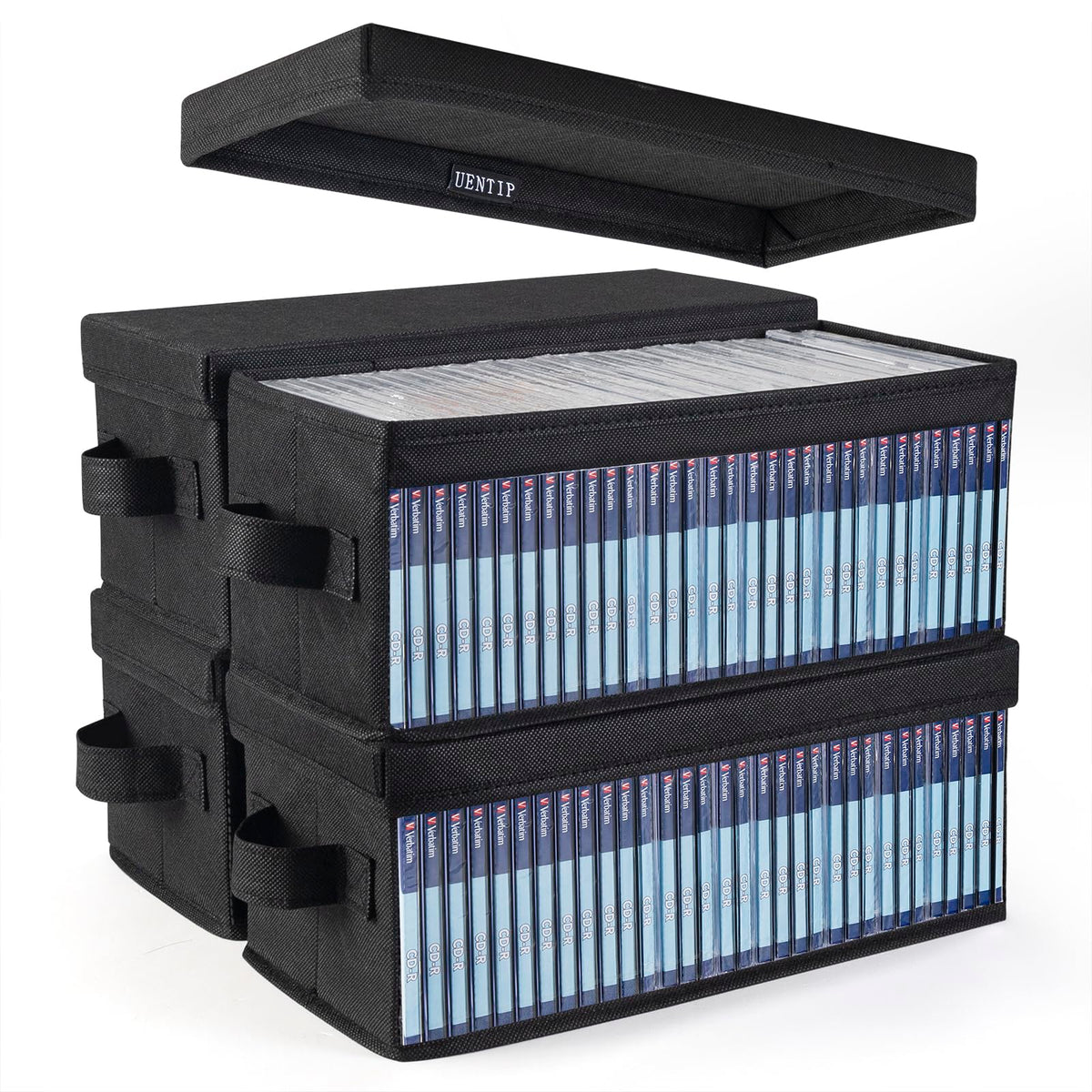 UENTIP CD storage box front view showing organized discs and visibility benefit