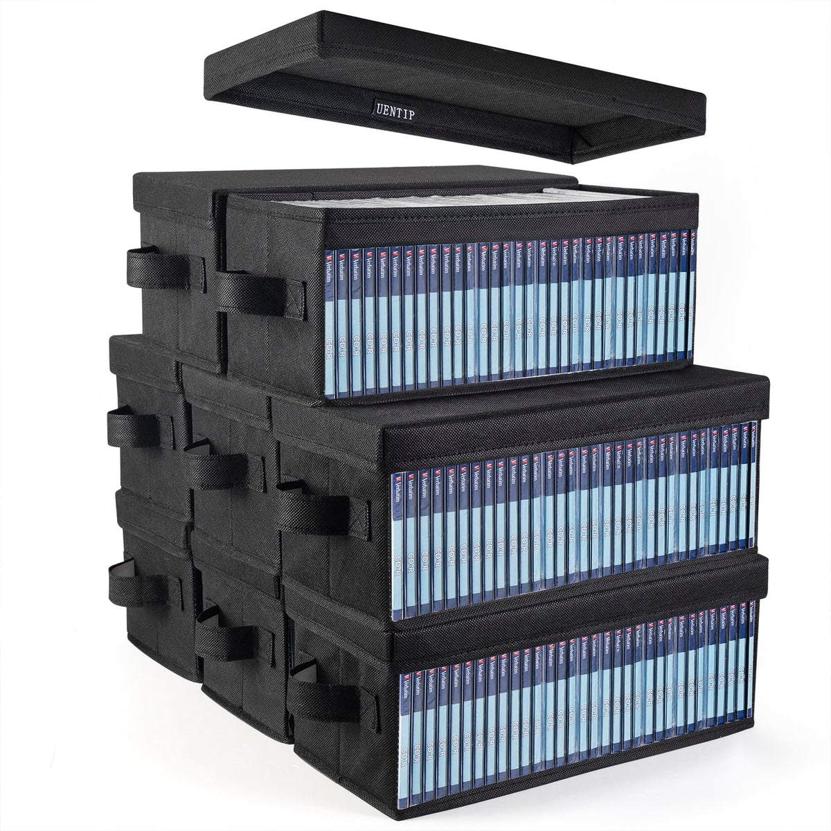 UENTIP front view of stacked boxes showing organized media storage and quick access