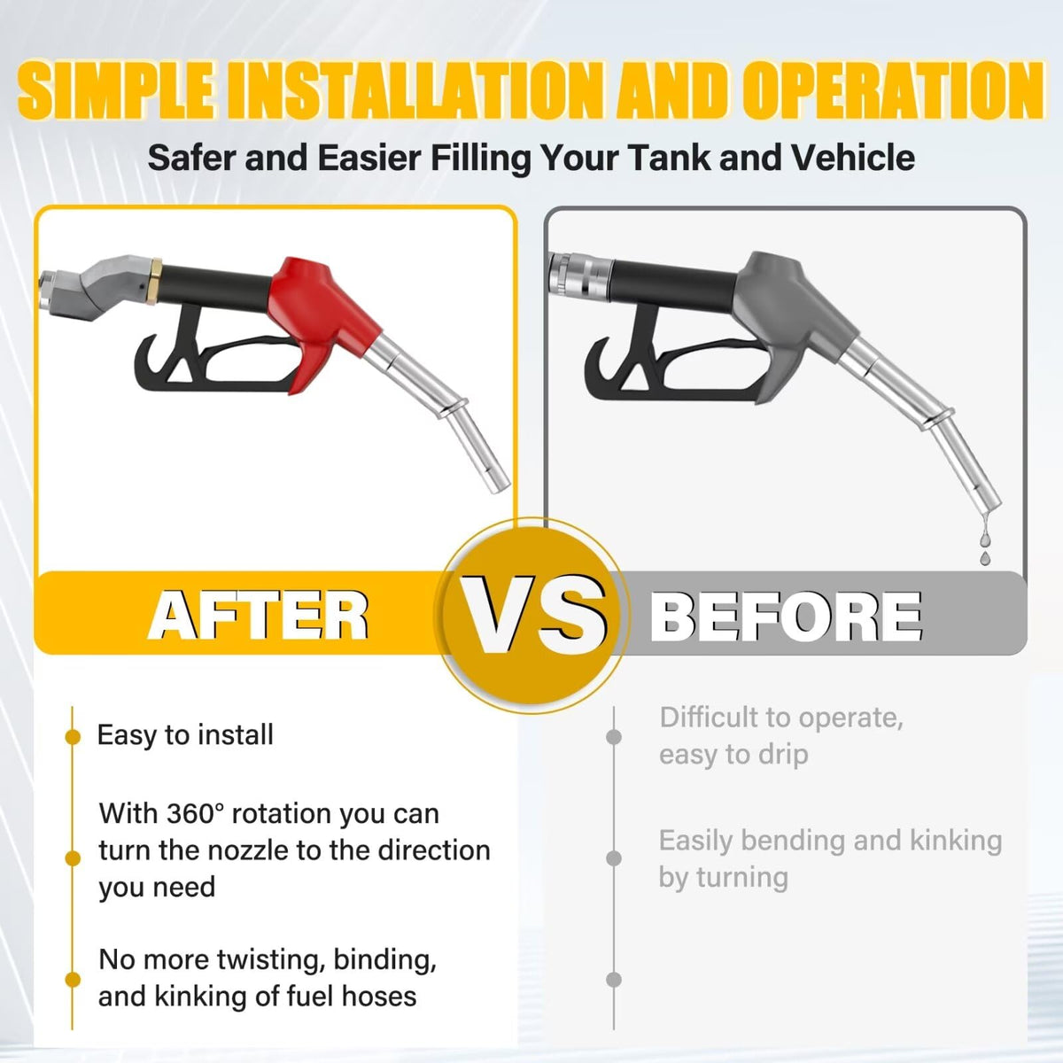 UHEGDRR installed on a fuel nozzle demonstrating reduced hose strain and safer flow