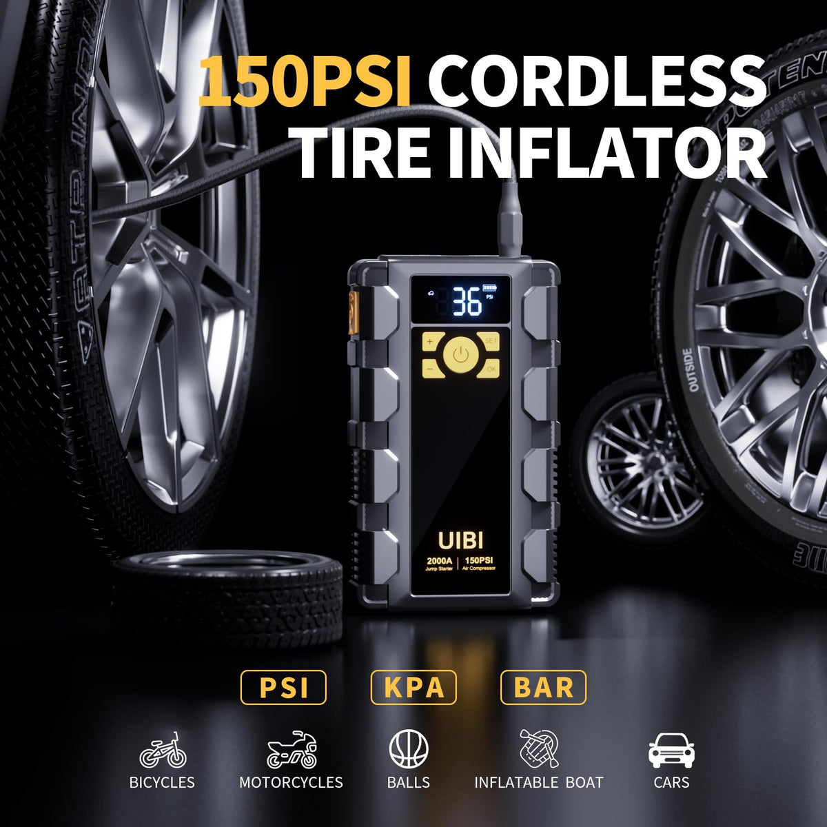 UIBI X5 digital inflator display showing preset PSI and auto-stop accuracy