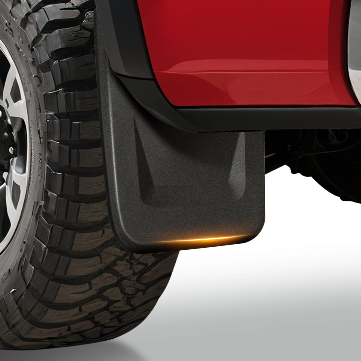 Uilffur front left mud flap installed showing precise fit and protection
