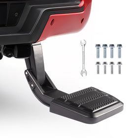 Uilffur front view of packaged tailgate step showing complete kit and benefits