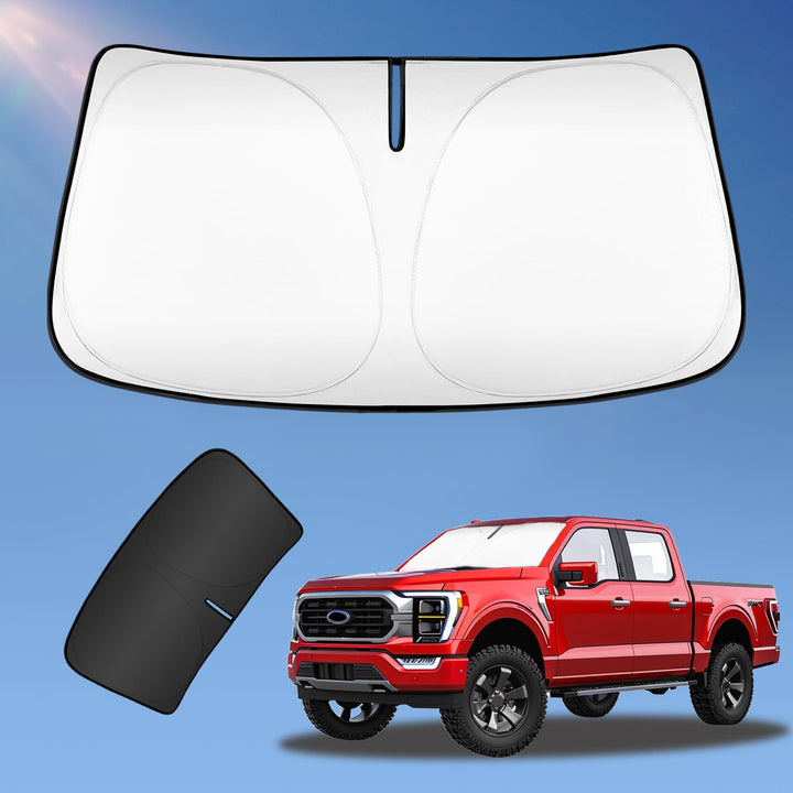 UKTOP front view of sunshade on F150 protecting interior and reducing heat