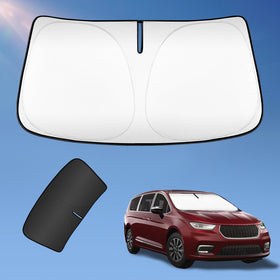 UKTOP front view of sun shade fully covering Pacifica windshield and blocking sunlight