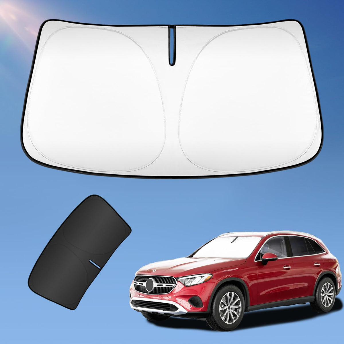 UKTOP front view of sun shade showing full windshield coverage and neat fit