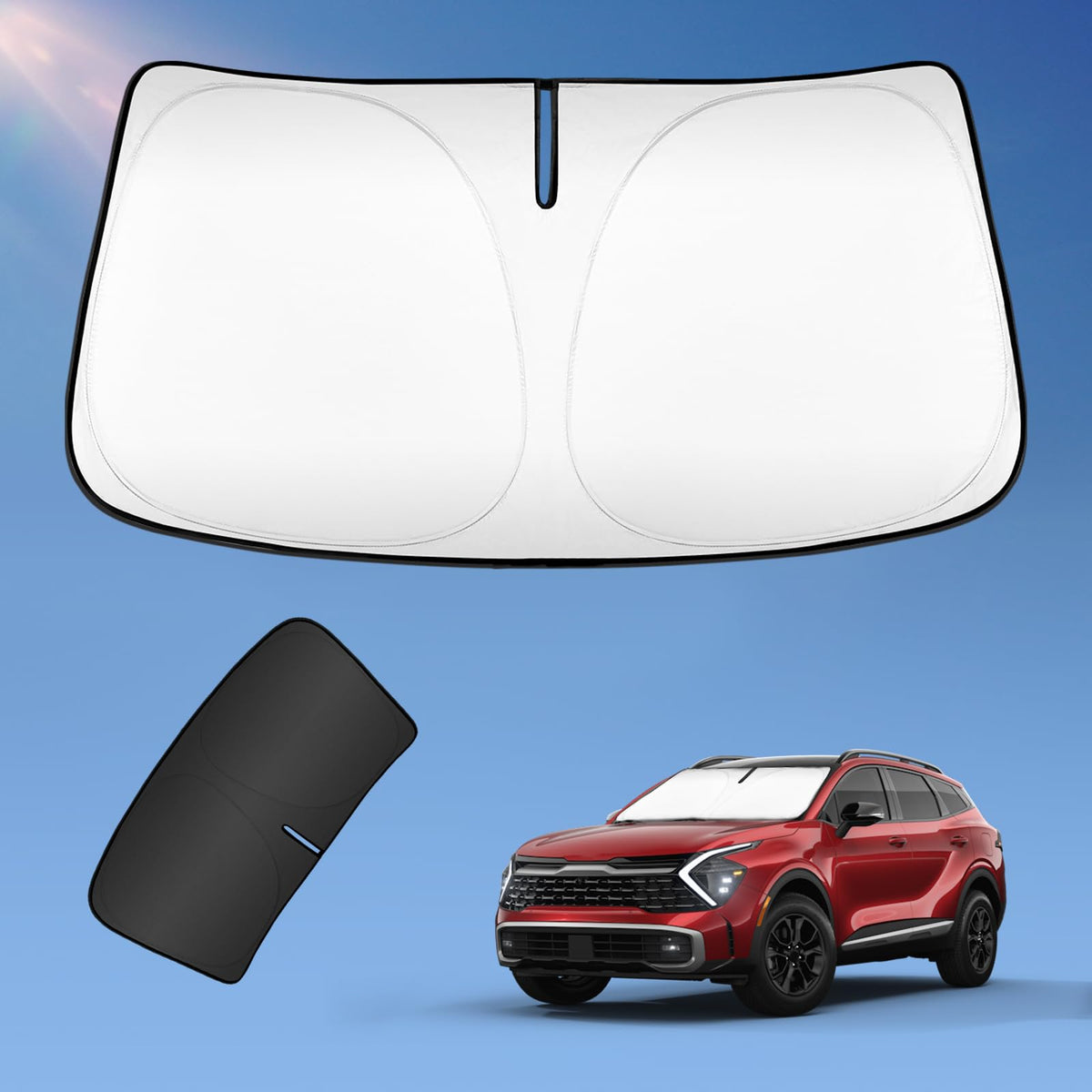 UKTOP sunshade installed front view showing full windshield coverage and cool interior
