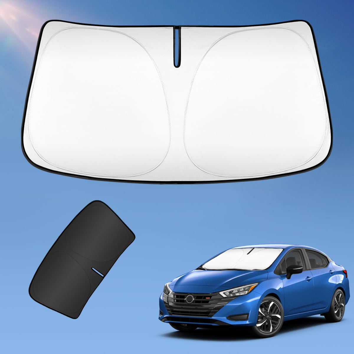 UKTOP front view of windshield cover fitting a Nissan Versa, protects interior