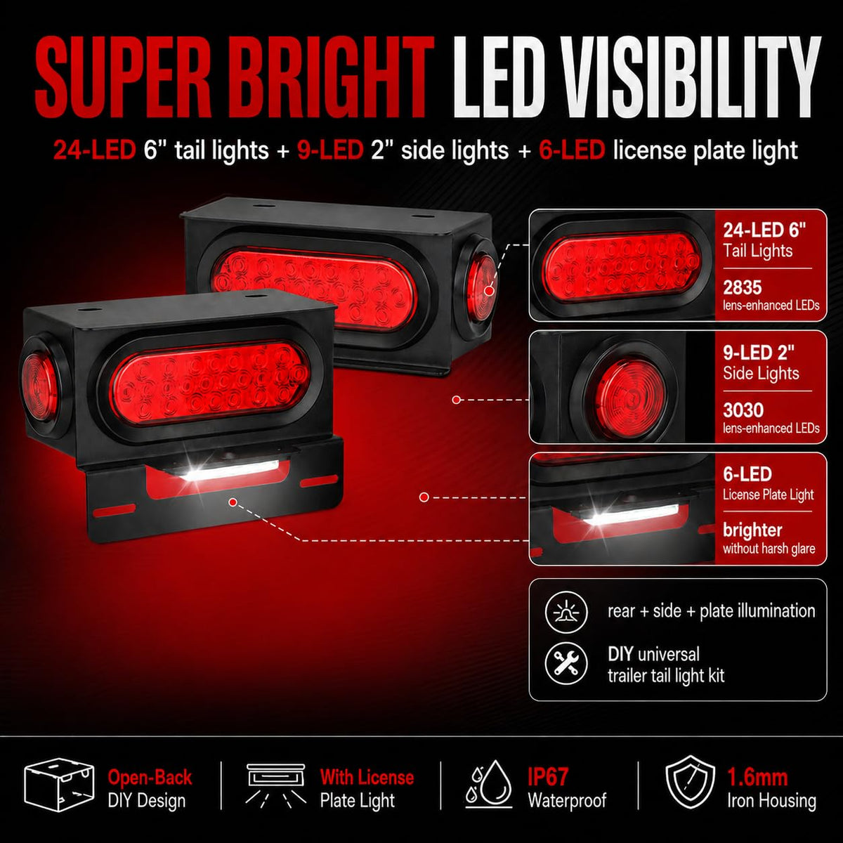 ULITECO close-up of 6-inch oval 24-LED tail light with bright signaling
