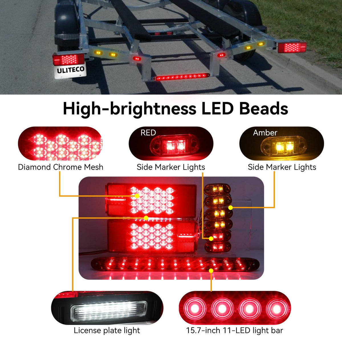 ULITECO mounted trailer lights on boat trailer demonstrating weatherproof performance