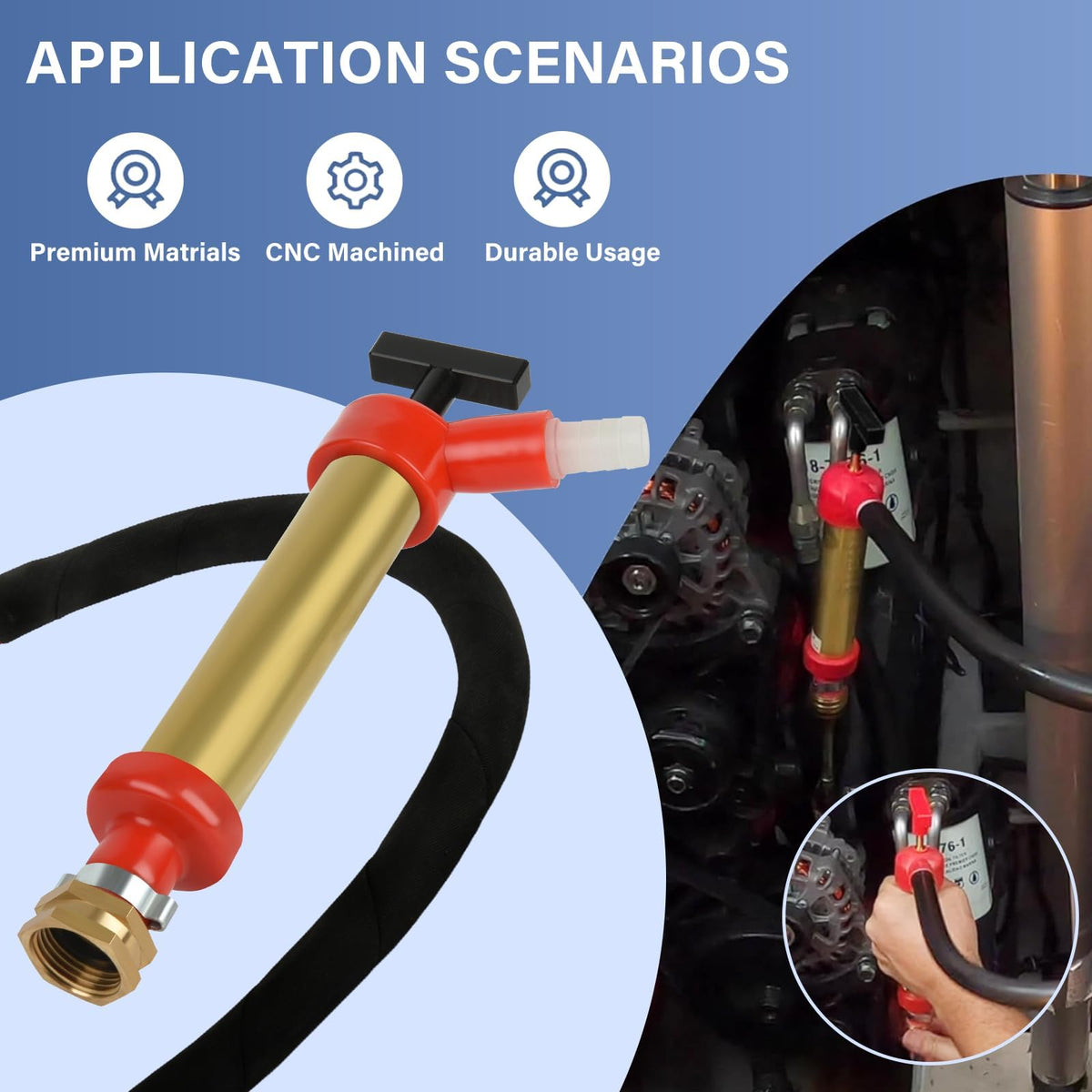 Ulreon pump with 1/2-inch hose draining into container for tidy waste collection