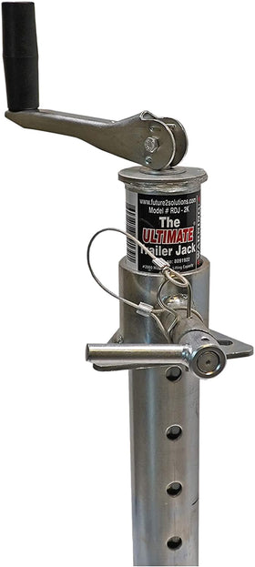 The Ultimate Trailer Jack retracted under trailer frame showcasing low-profile storage