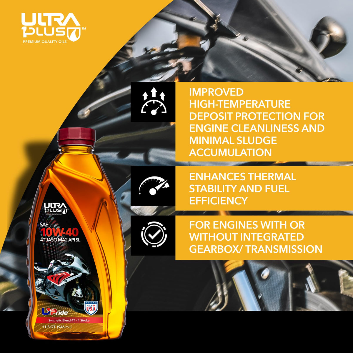 ULTRA 1PLUS bottle placed in motorcycle garage illustrating practical workshop use