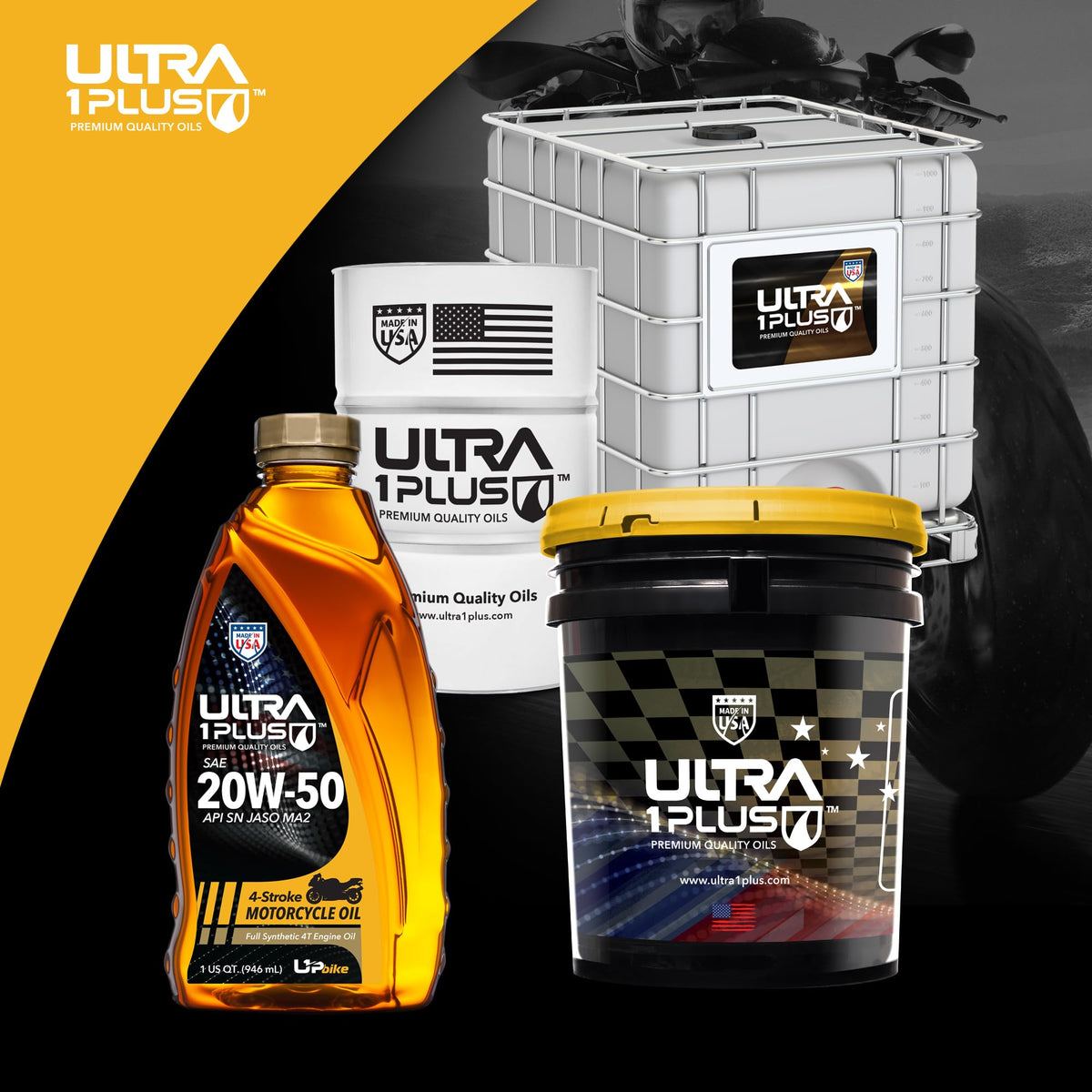 ULTRA 1PLUS bottle beside a sportbike indicating suitability for high-performance motorcycles