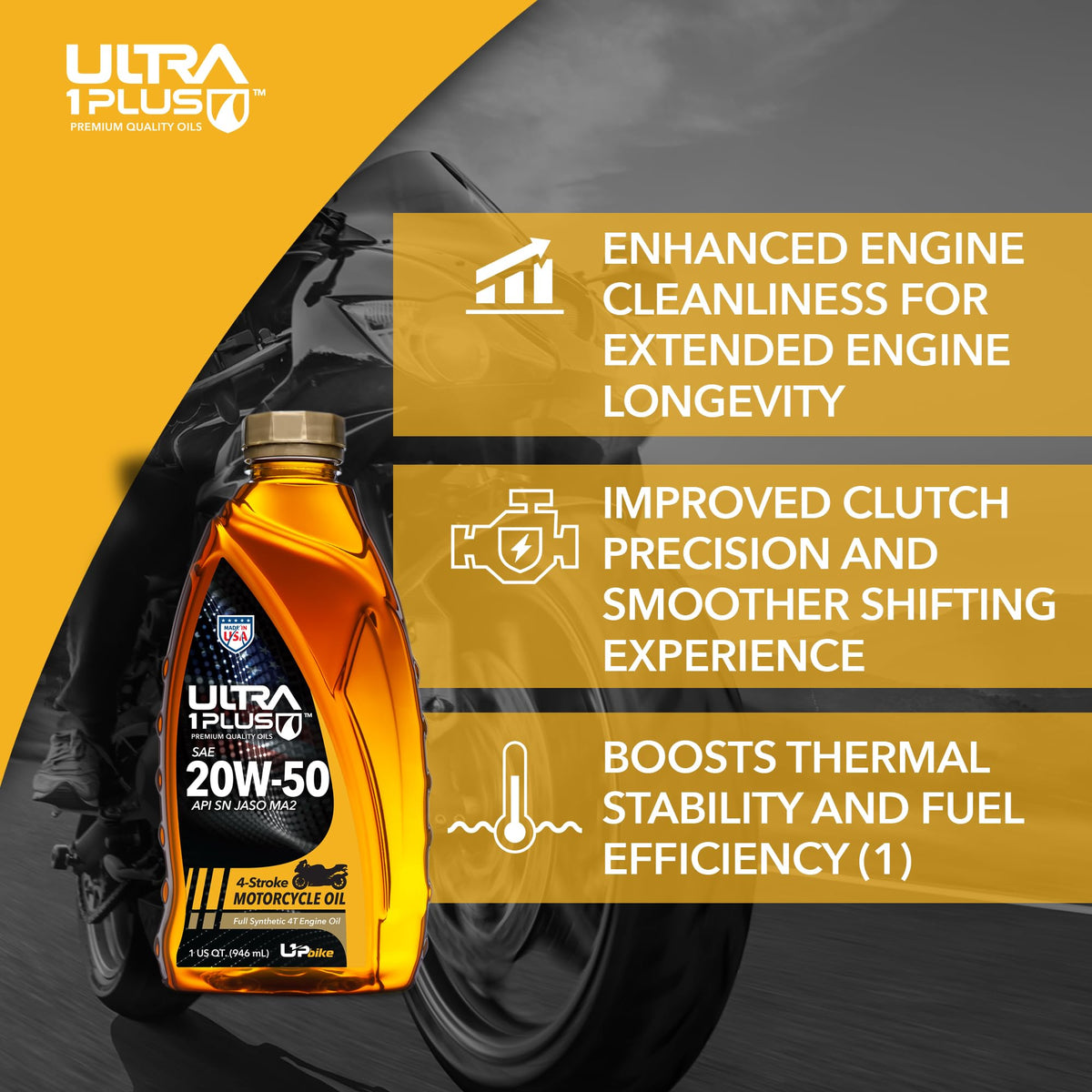 ULTRA 1PLUS pouring into a motorcycle engine showing easy use and confident protection