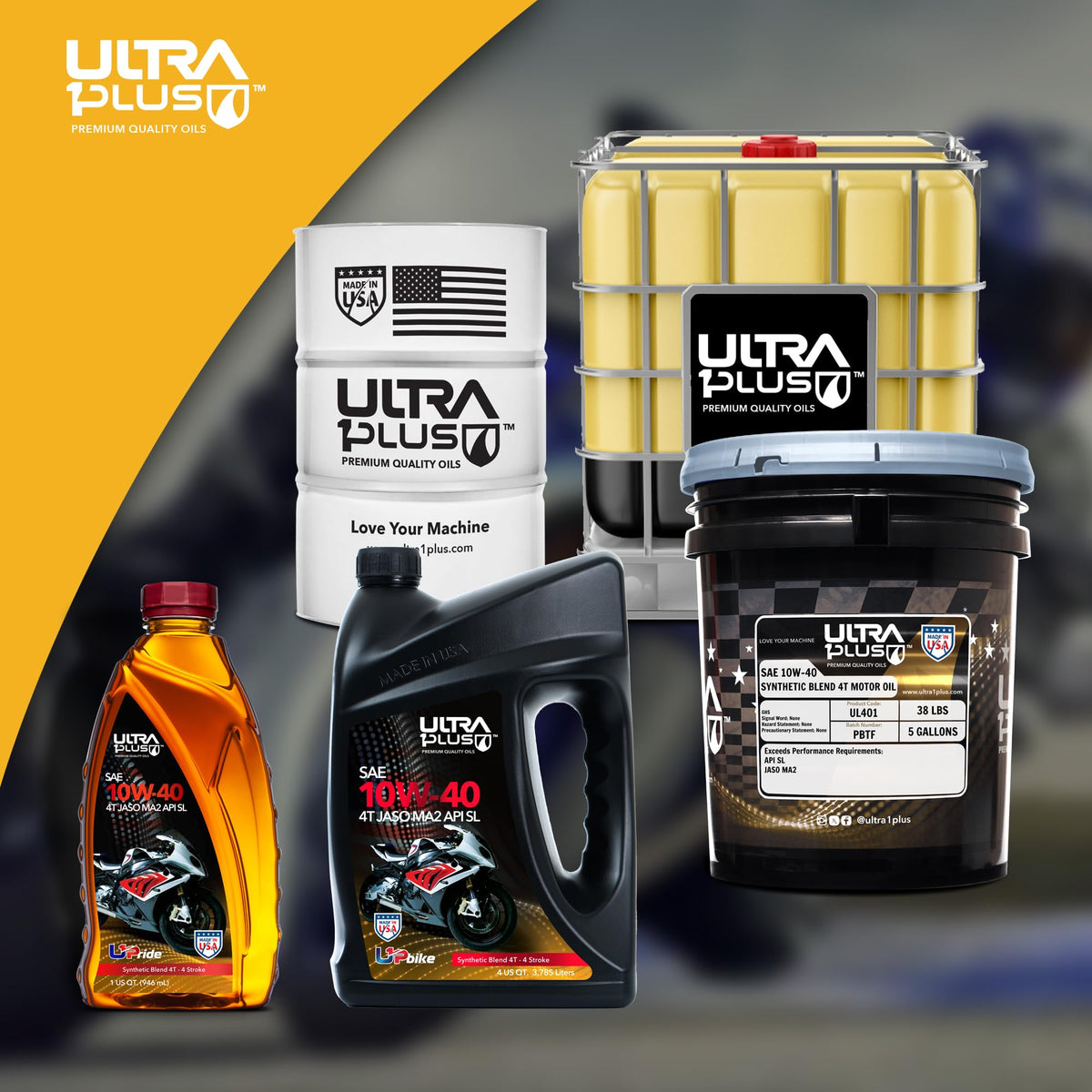 ULTRA 1PLUS bottle beside rider changing oil showing convenience and service readiness