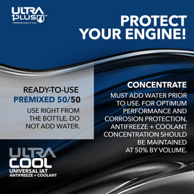 ULTRA 1PLUS bottle beside measurement markings illustrating 50/50 ready mix