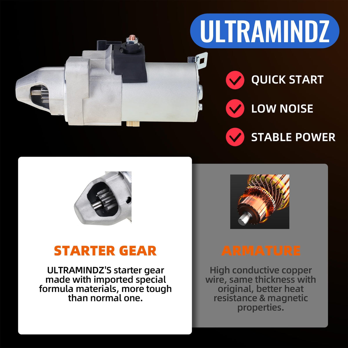 ultramindz starter installed in engine bay demonstrating direct-fit replacement