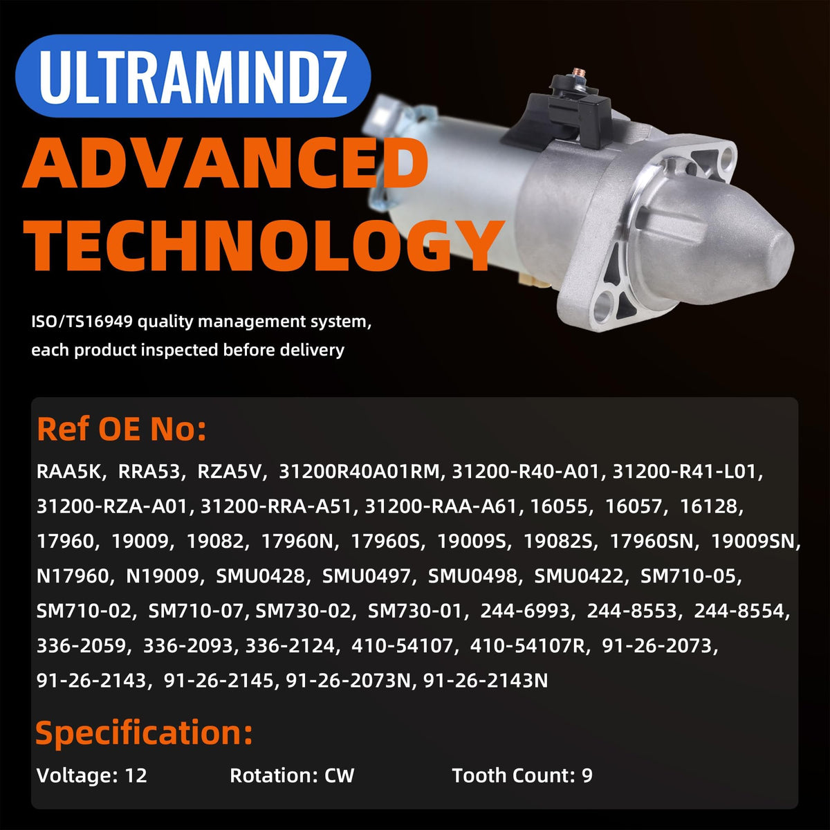 ultramindz starter pinion closeup showing 9-tooth gear for proper engagement
