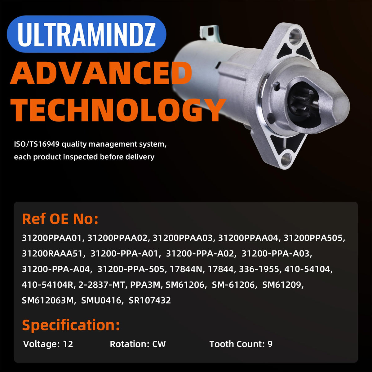 ultramindz starter pinion gear detail showing 9 teeth for accurate engagement