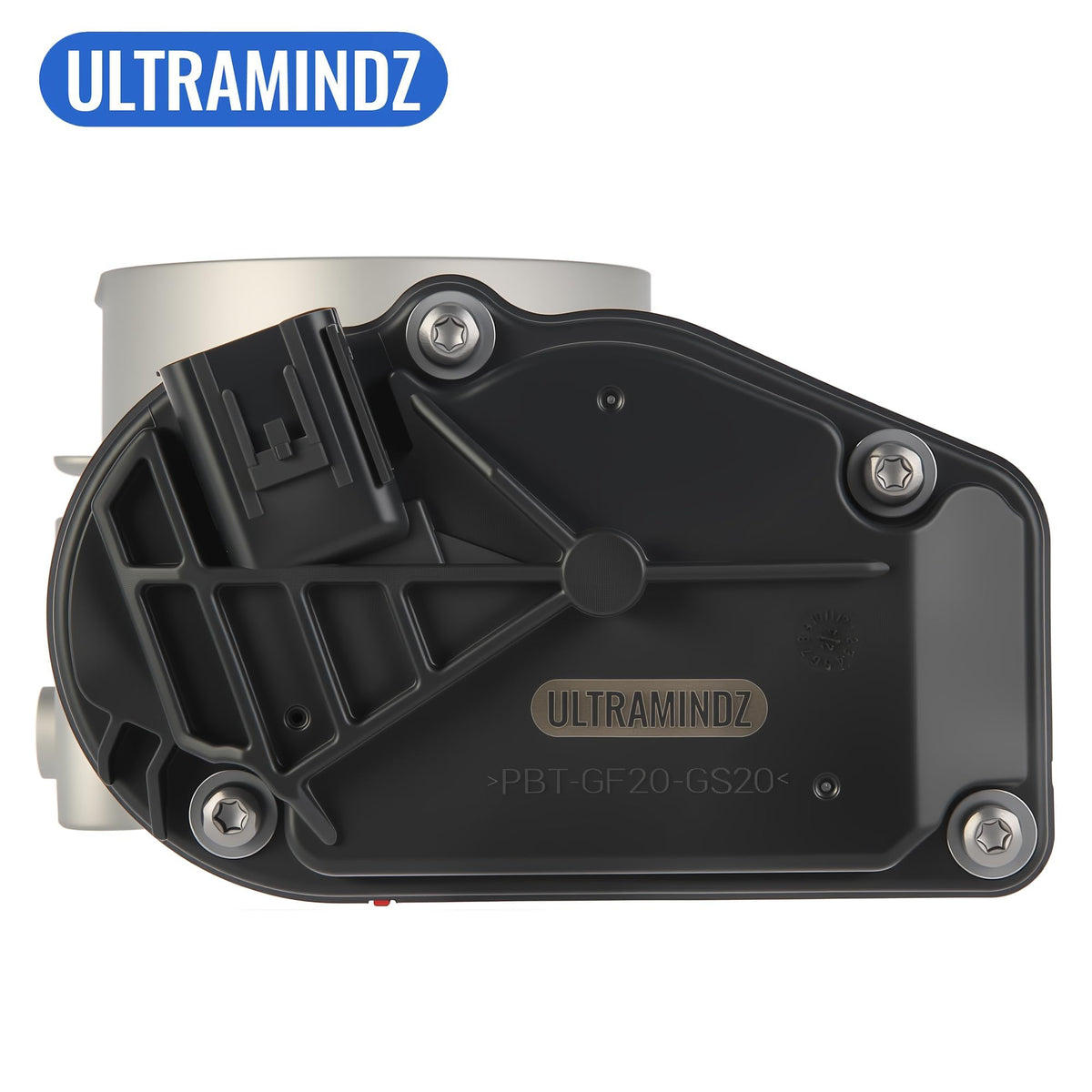 ultramindz throttle body beside ruler scale comparison illustrating compact OEM dimensions