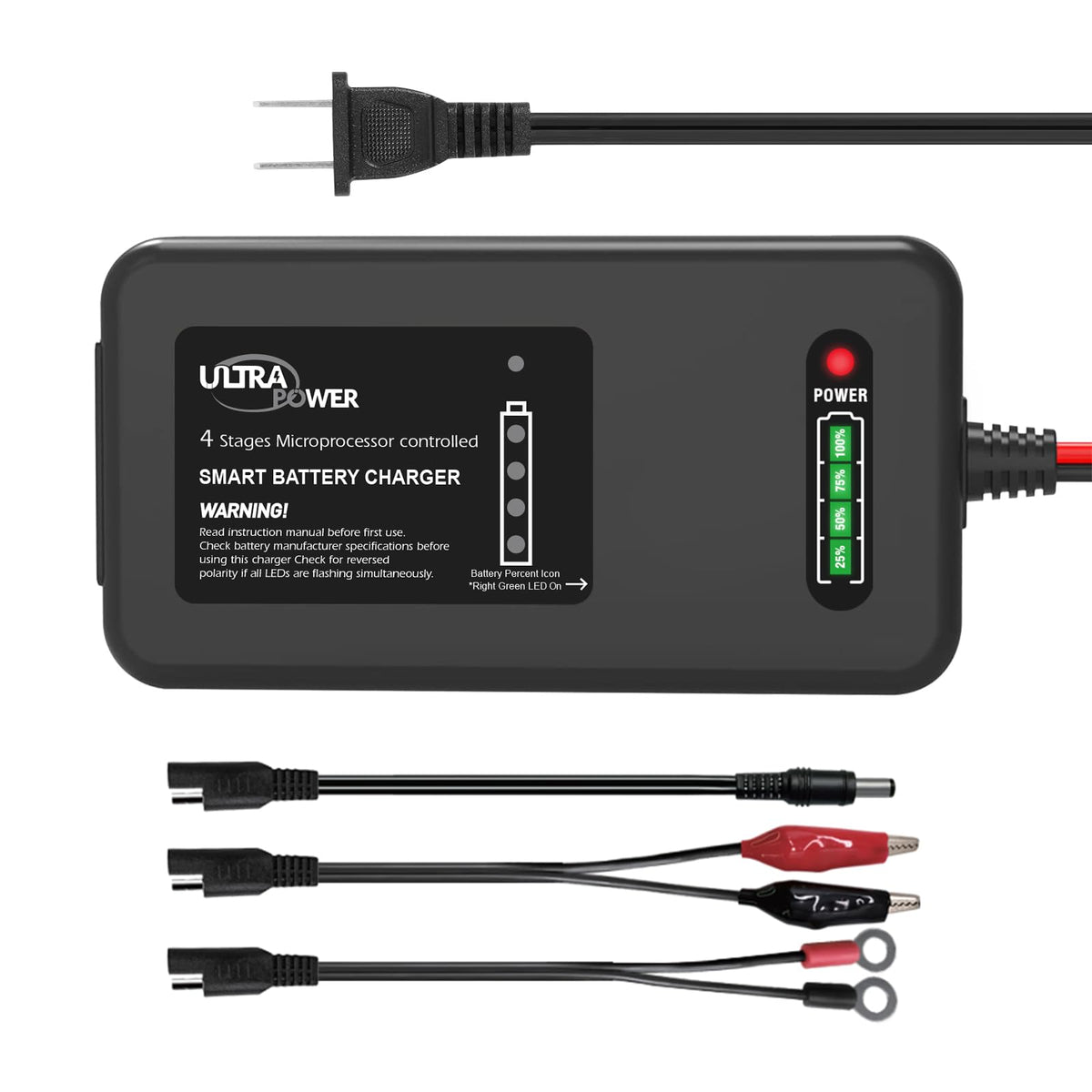 ULTRAPOWER front view of charger showing compact casing and ports, highlights portability