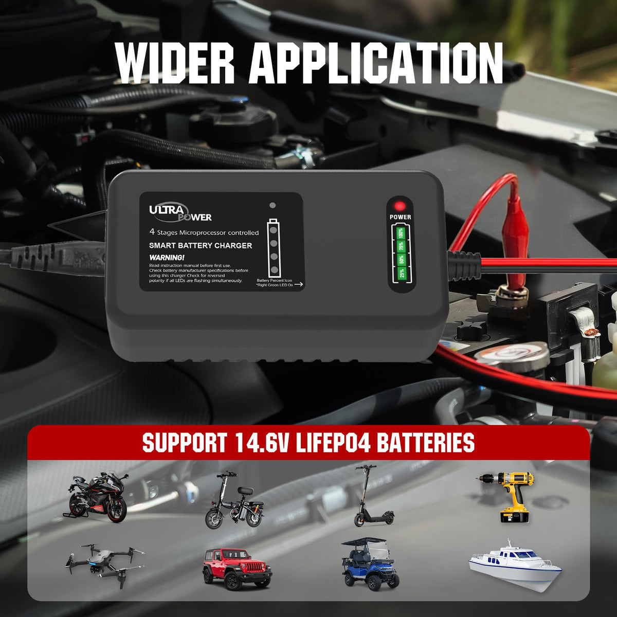 ULTRAPOWER charger connected to a golf trolley battery showing reliable field charging