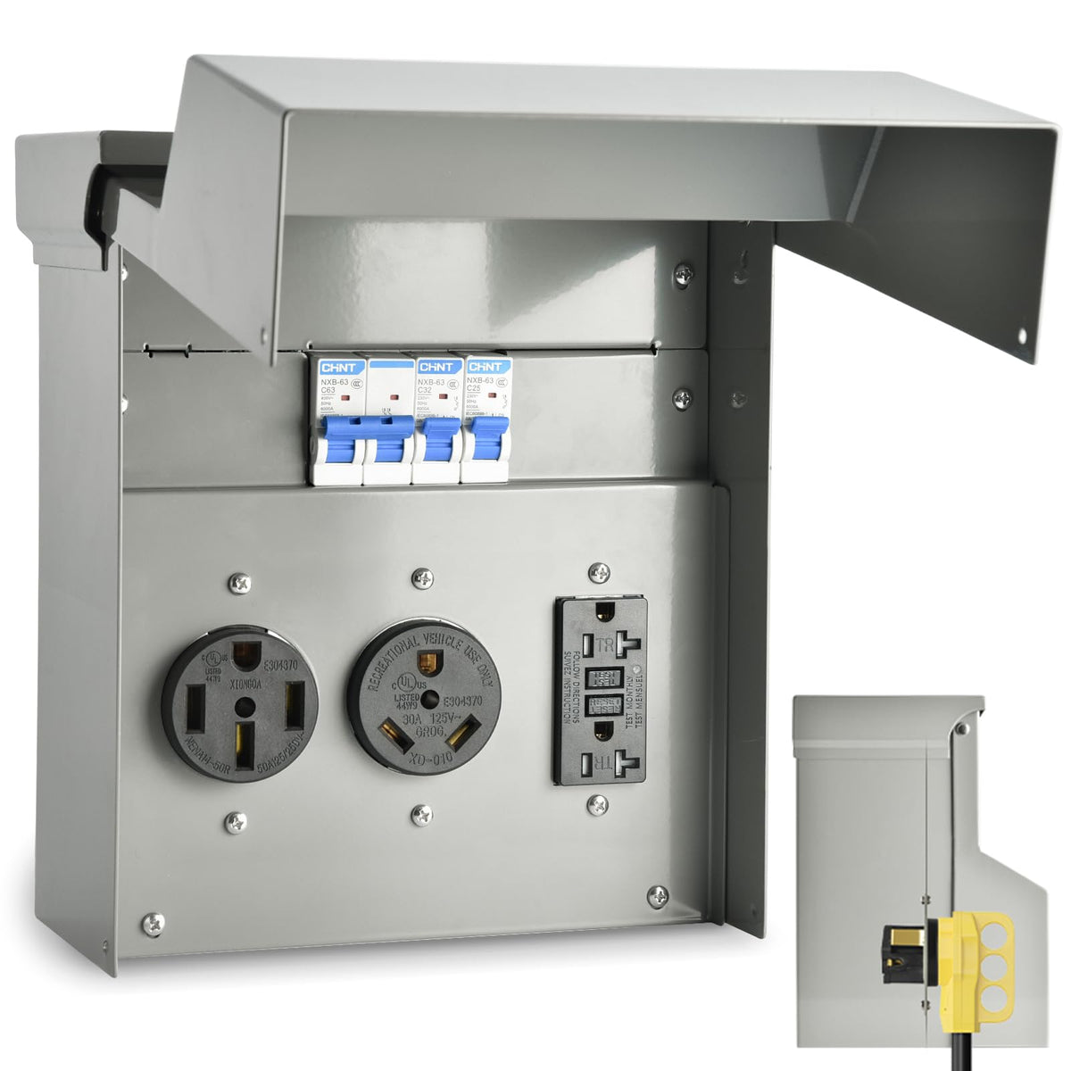 Umaogus front panel view showing three 20/30/50A outlets and secure door for safe hookups