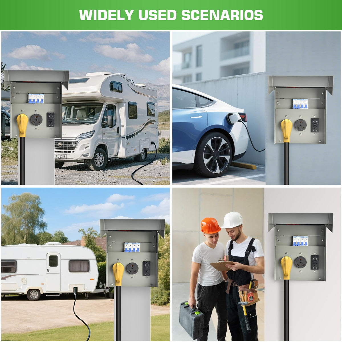 Umaogus installed on RV pedestal during hookup showing easy outdoor power connection