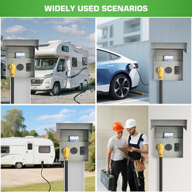 Umaogus installed on RV pedestal during hookup showing easy outdoor power connection