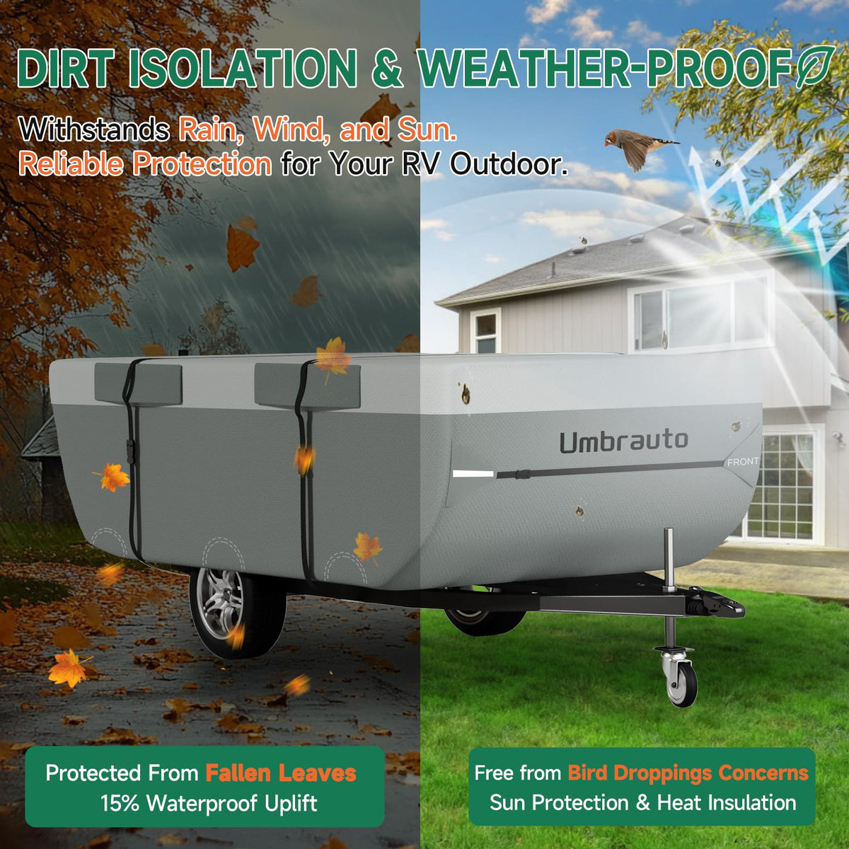 Umbrauto cover in use on folding trailer showing waterproof shielding