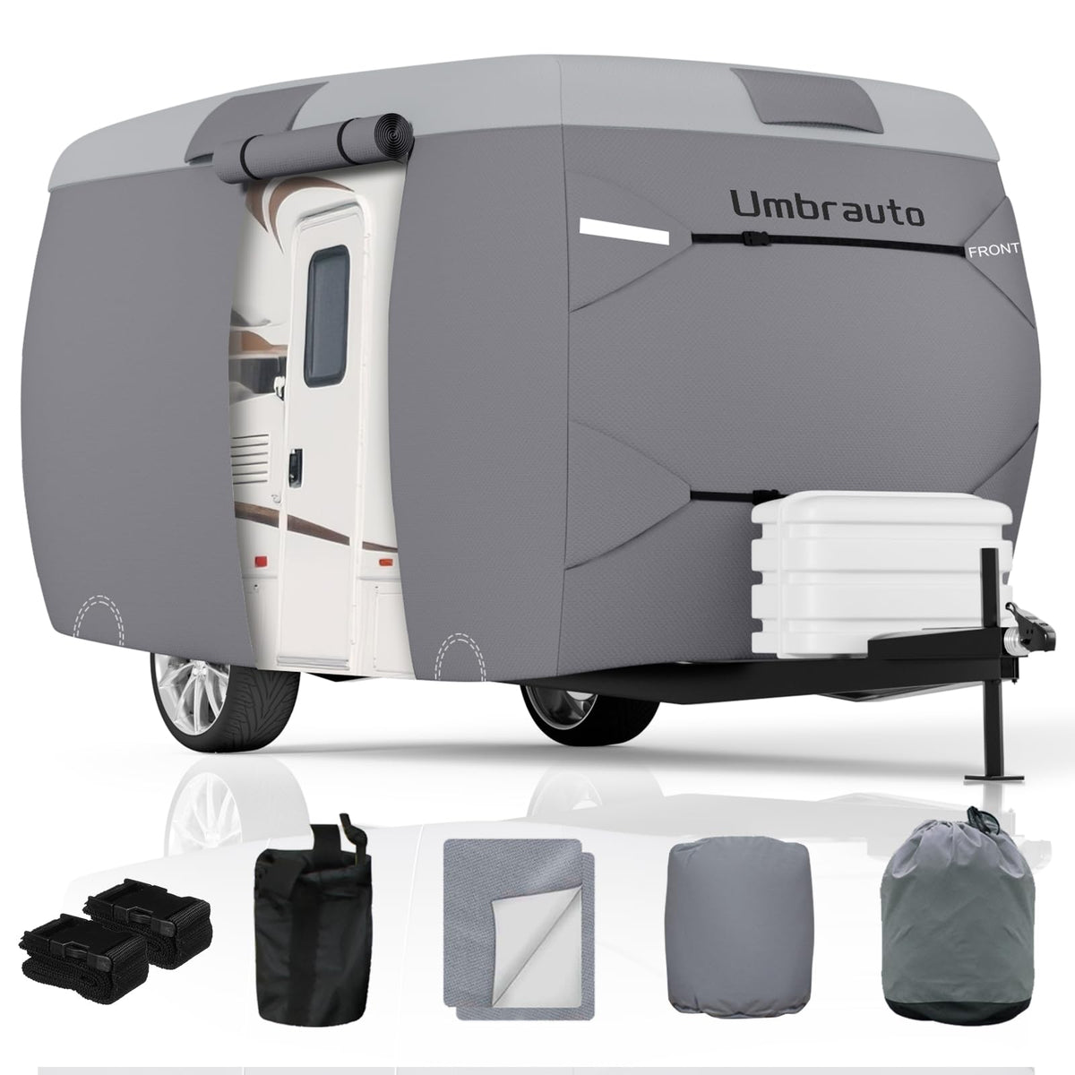 Umbrauto front view of covered fiberglass trailer, showing full protection and fit