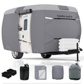 Umbrauto front view of covered fiberglass trailer, showing full protection and fit