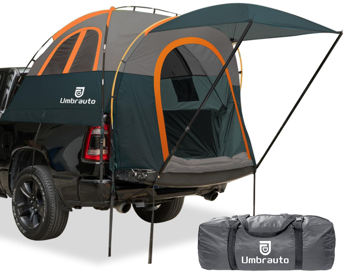 Umbrauto front view showing tent fitted to truck bed for dry sleeping