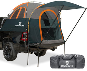 Umbrauto front view showing tent fitted to truck bed for dry sleeping